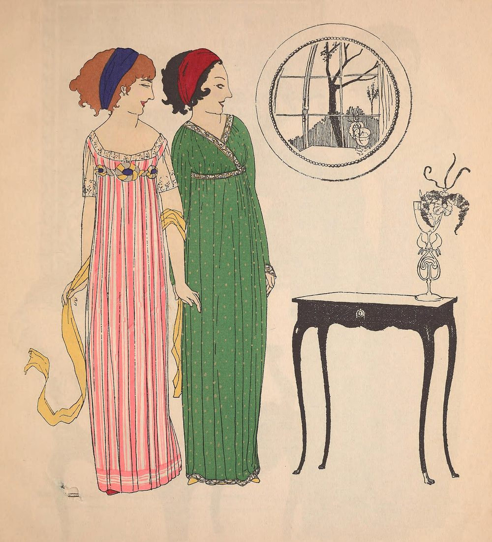 Illustrated plate: two women standing in long high-waisted dresses, one pink-striped with a yellow shawl and one green, beside a small table with a vase and a round frame showing trees on the wall.