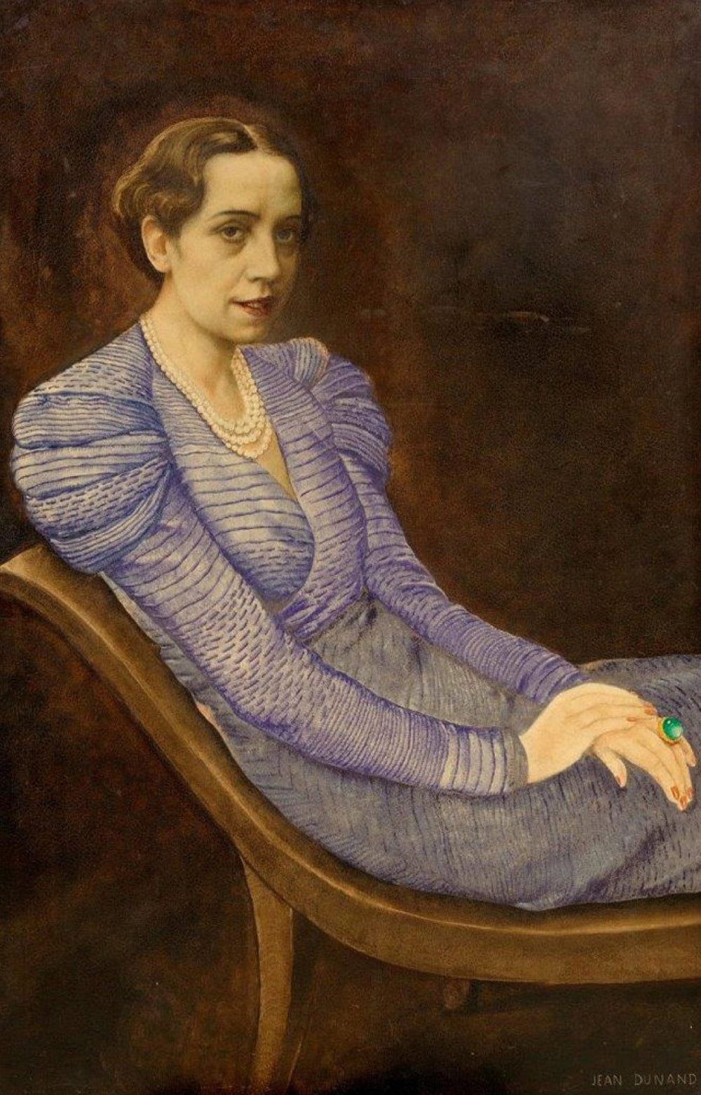 Painted portrait of a woman with short brown hair reclining on a wooden chaise, in a lavender dress with puffed sleeves, a multi-strand pearl necklace and a green ring, against a dark brown background.