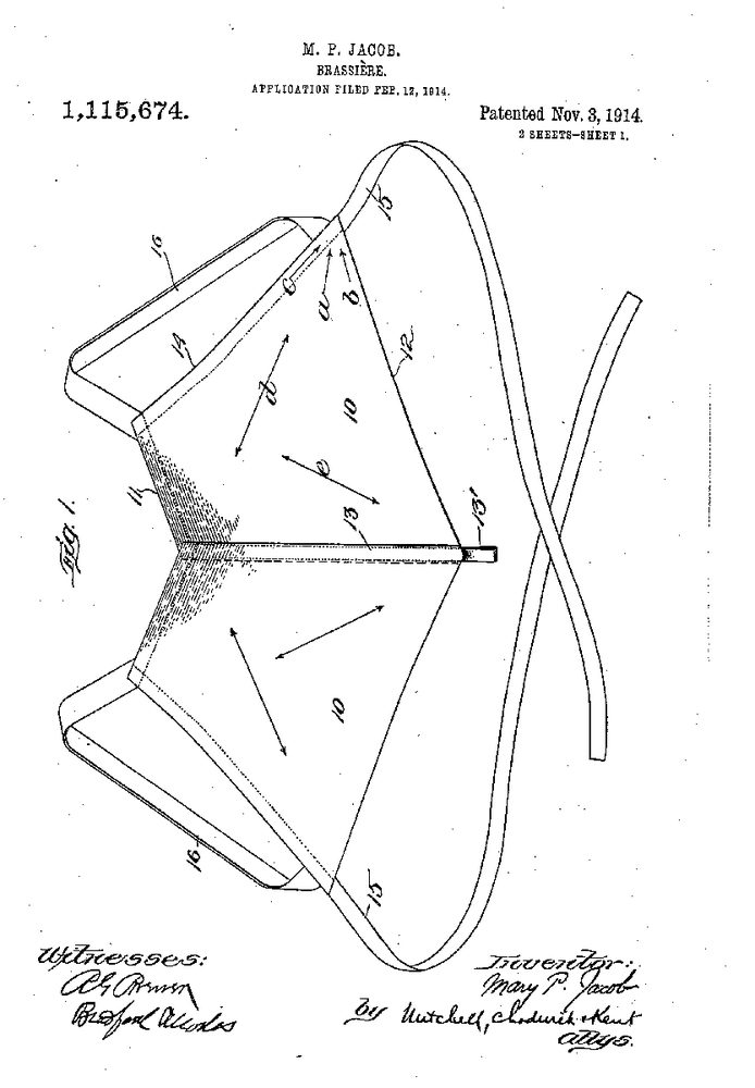Drawing from Mary P. Jacob’s US patent 1,115,674, “Brassiere”, 1914.