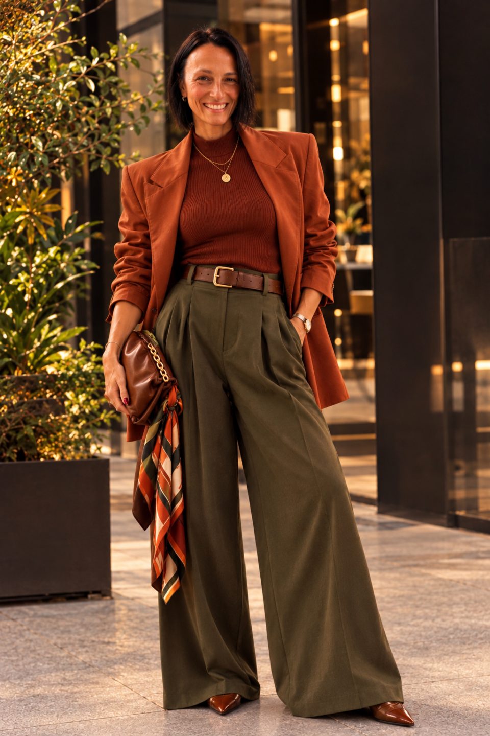Minha paleta é Outono Vibrante e ela combina muito com propostas mais fashionistas! Essa versão da foto, traz tons de terracota, ferrugem, verde-oliva e marrom quente, com acessórios dourados. A ideia é valorizar minha coloração com mais vida, contraste e personalidade. Usei em um evento para empreendedores, formal e bastante sofisticado em um hotel de SP e acredito ter sido muito assertiva para a ocasião!